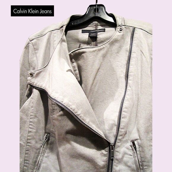 Calvin Klein Jeans NEW Grunge Moto Asymmetrical Zip Crop Denim Jacket L - Picture 4 of 12